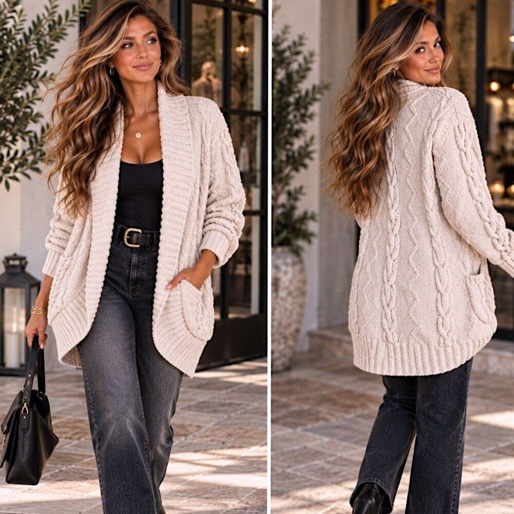 Minimalist Cozy Chunky Knit L Sweater Cardigan Cream Chenille Shawl Collar